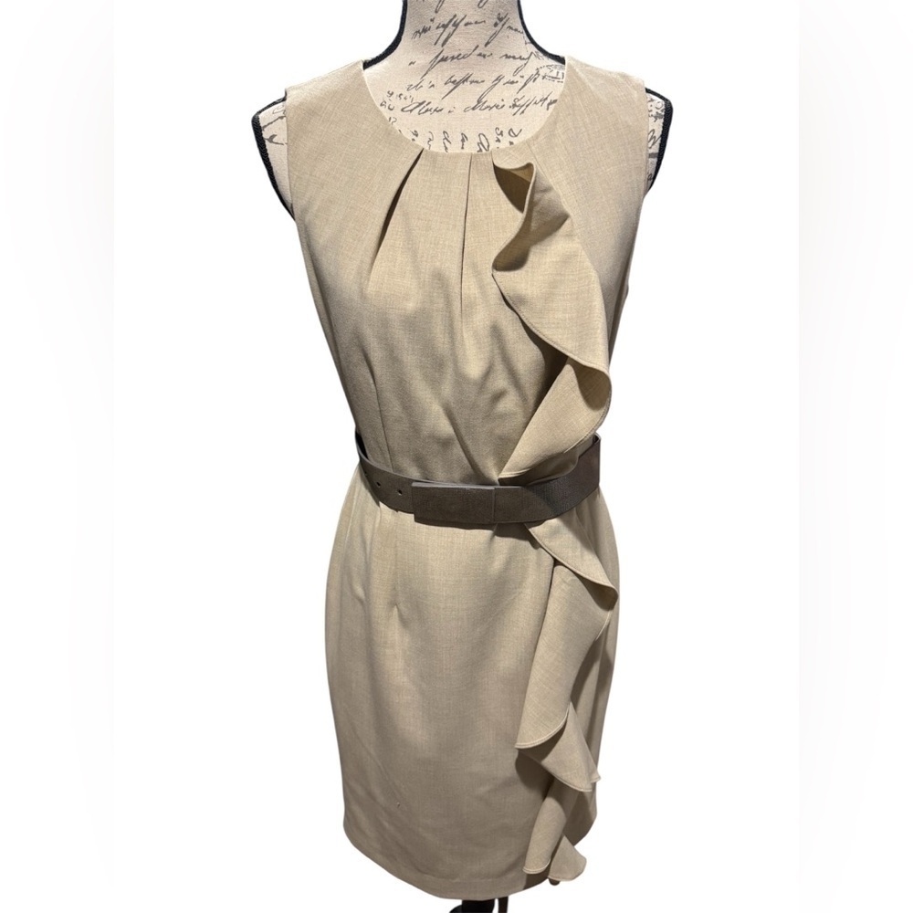 Calvin Klein Women’s Business Career Ruffle Dress Size 6 Tan Sleeveless Stretch